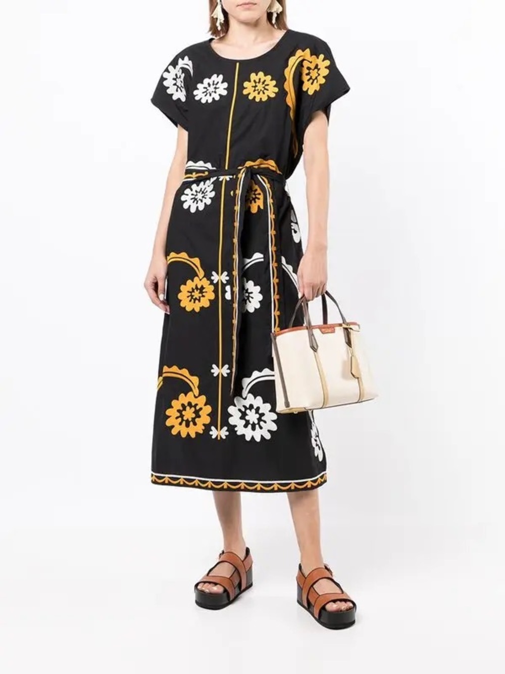 Tory Burch Embroidered Cotton Poplin Caftan Midi Dress Floral Black Gold White M - Picture 5 of 15